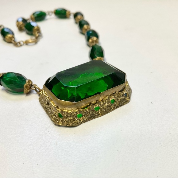 Art Deco Czech Glass Rose Reverse Carved Choker Necklace Signed Czechoslovakia - Picture 4 of 11